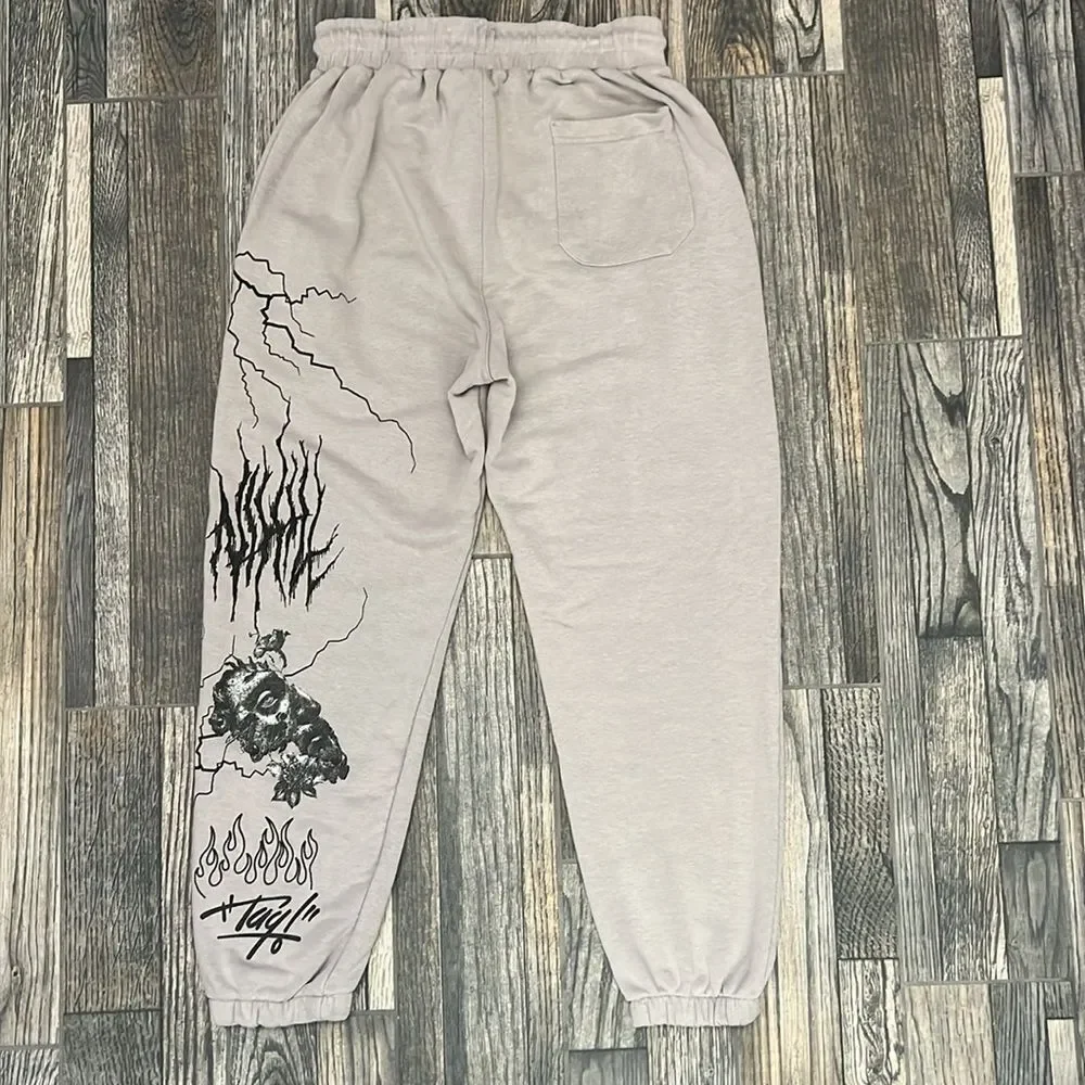 🔥🔥 Y2K MACHINIST Streetwear Brand Graphic Gray Sweatpants Men Size Large - EUC